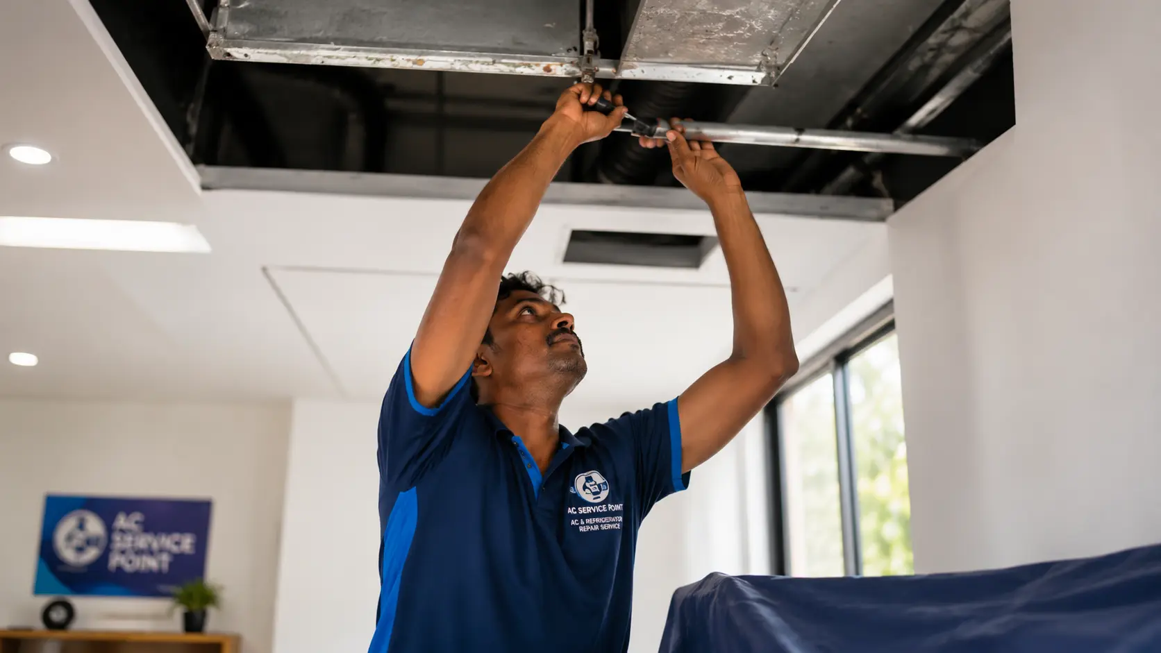 Technician checking AC airflow after service